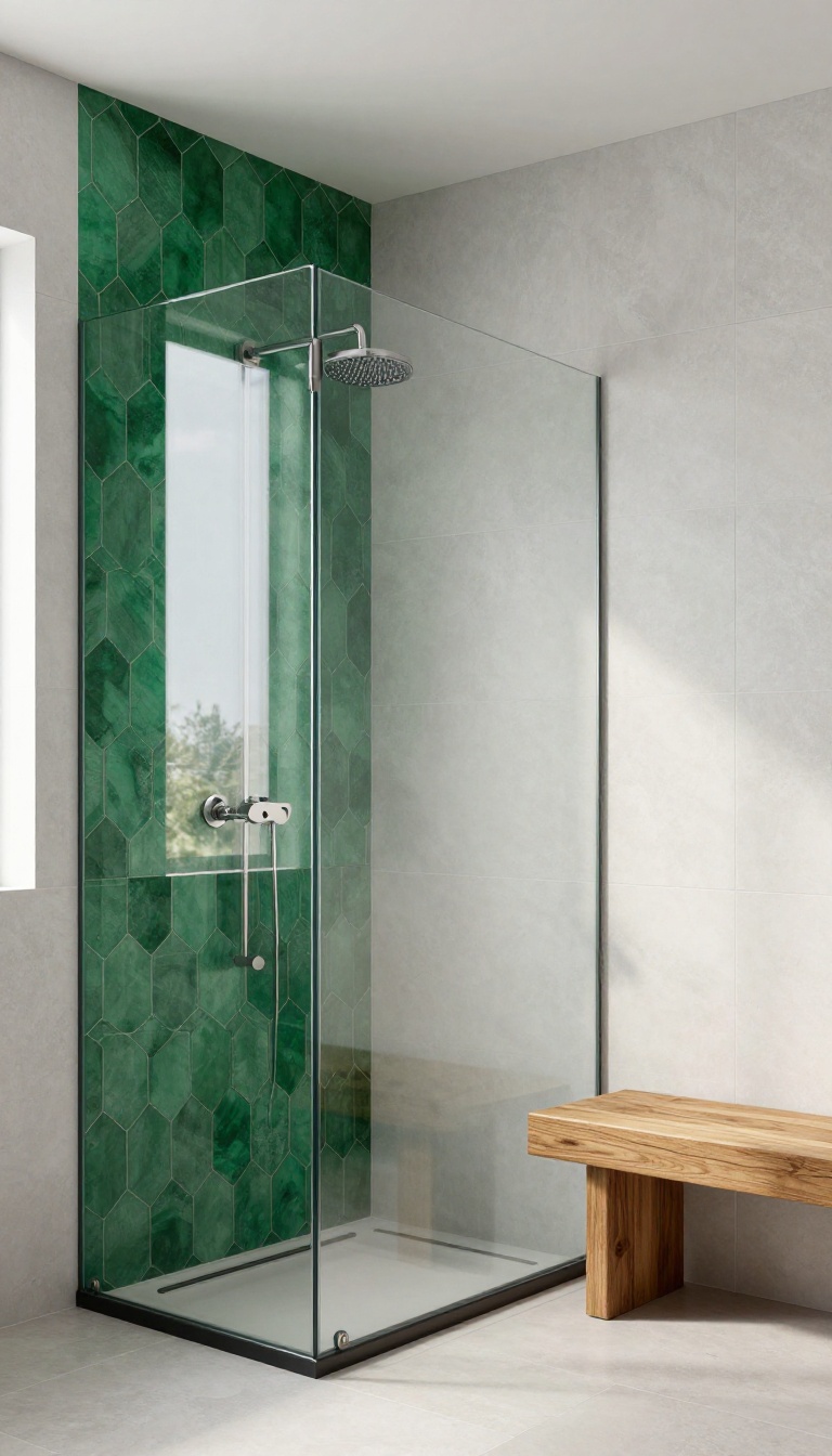 Modern standing shower with a deep emerald green tile accent wall, glass enclosure, and rainfall showerhead in bright natural light.