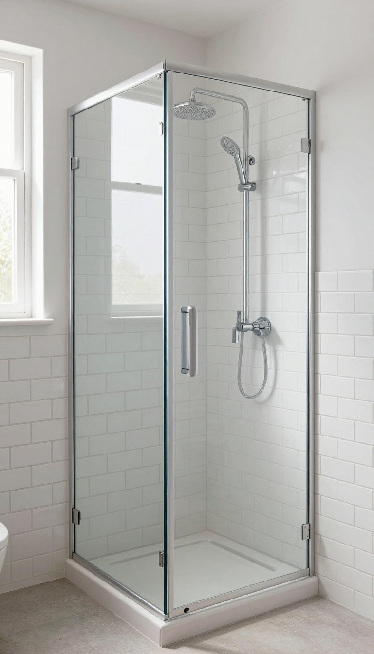 Vertical white subway tiles in a shower cubicle with natural light, creating an illusion of height.