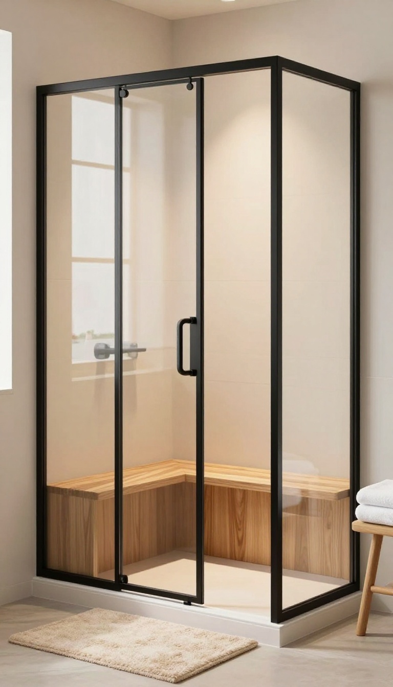 Modern bathroom with matte black framed shower screen, teak wood bench, and warm neutral decor