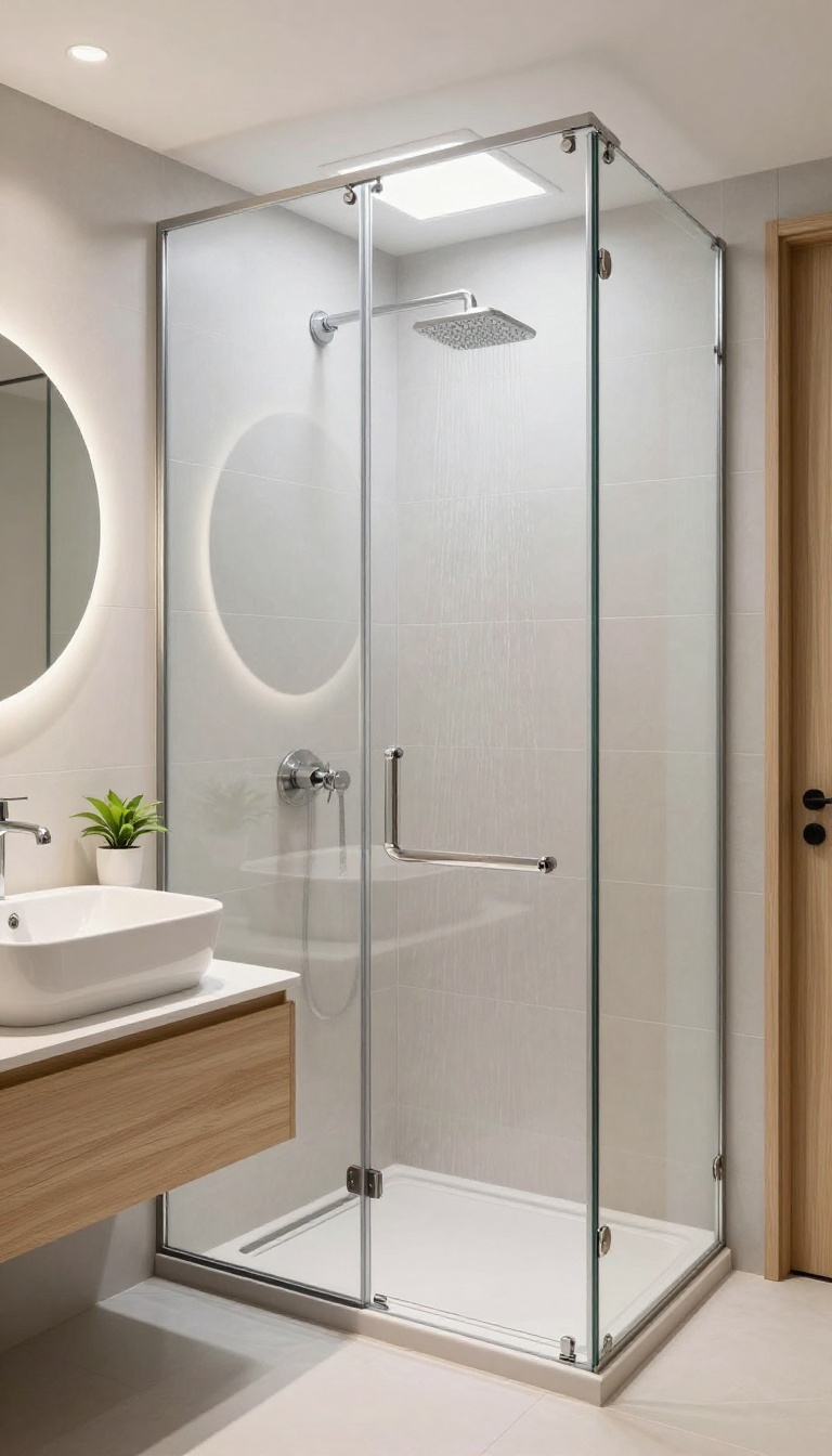 Small bathroom with frameless glass shower enclosure and minimal hardware, bright and airy