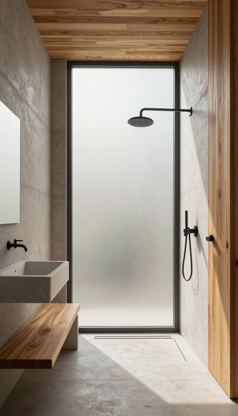 Concrete and wood shower combination with teak bench and ceiling