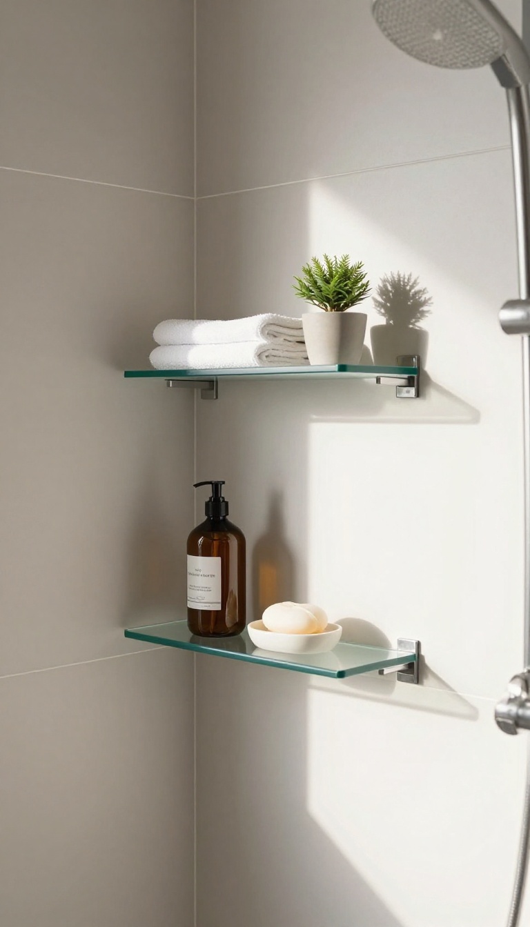 Modern shower wall niche with adjustable glass shelves holding toiletries and a small plant