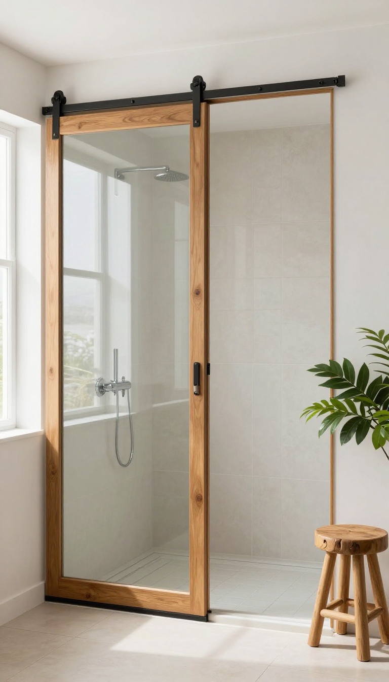Sliding barn-door style shower screen in a warm, rustic bathroom