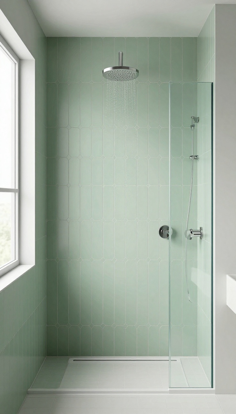 Modern bathroom shower with vertical sage green hexagon tiles, creating a tall and dynamic pattern.
