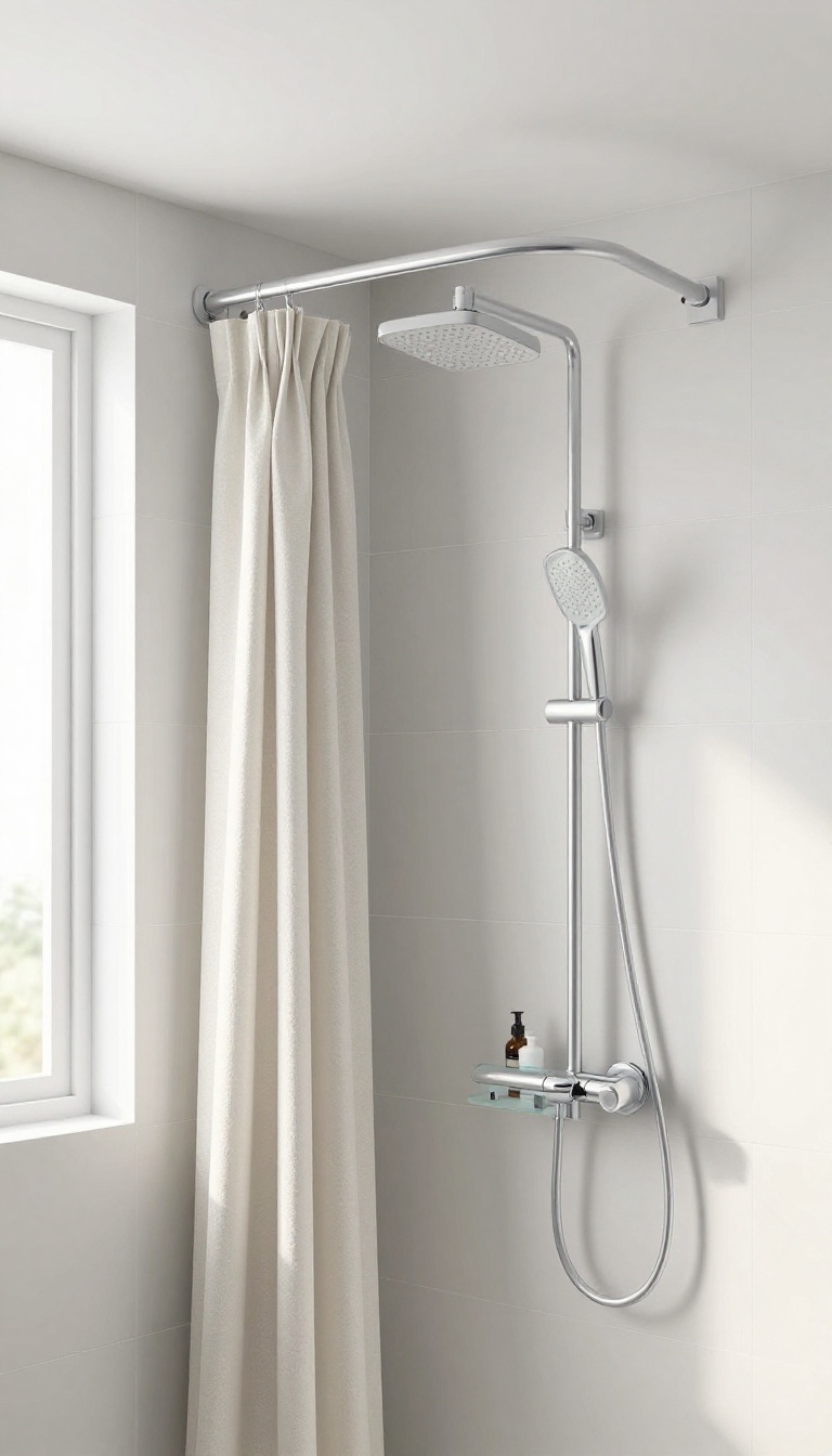 Curved ceiling-mounted shower curtain track in a bright corner shower with a sleek fabric curtain, open and airy.
