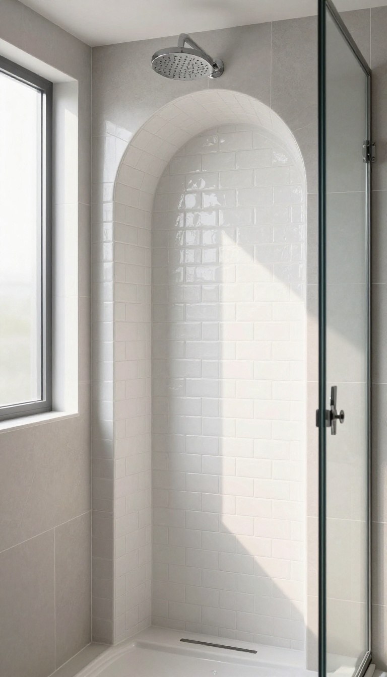 Arched shower niche with white subway tile in a bright modern bathroom