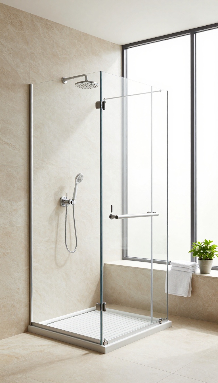 Modern no-door walk-in shower with double shower heads on opposite walls, featuring a rain head and a handheld sprayer, in a bright, natural-light bathroom.