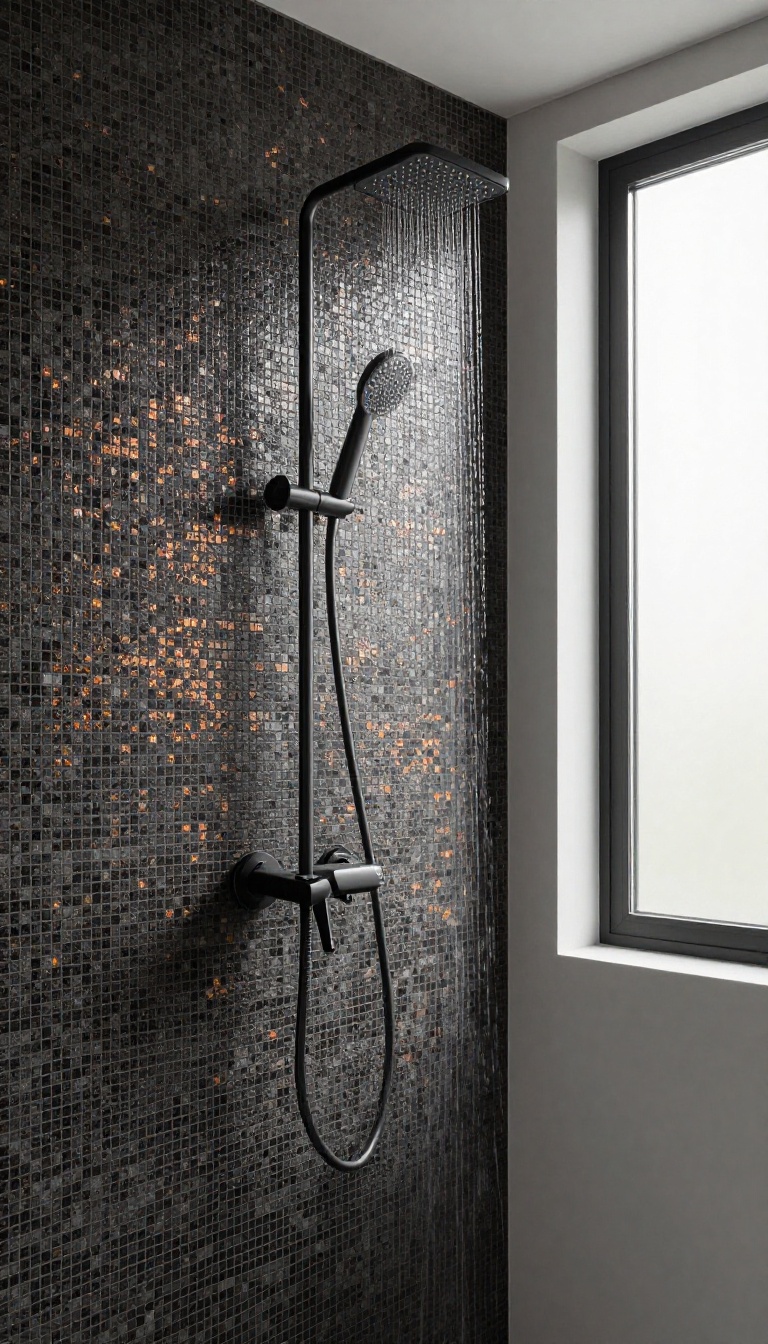 Dark mosaic shower tile with metallic copper and gold accents in a modern bathroom