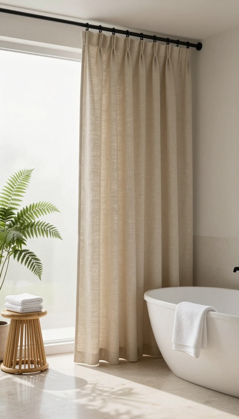 Eco-friendly hemp shower curtain in a bright, natural bathroom setting