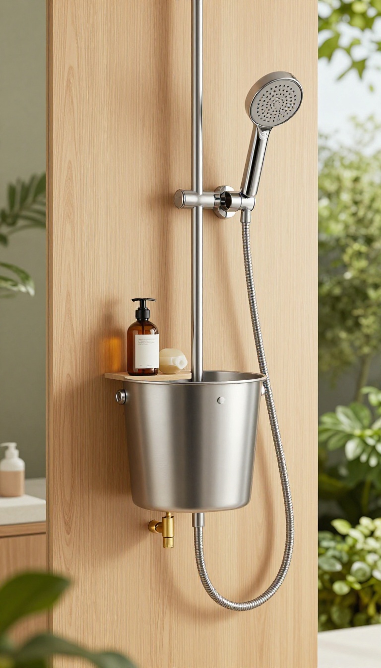 Modern DIY bucket shower with a stainless steel bucket, brass valve, and cedar wood frame in a garden setting