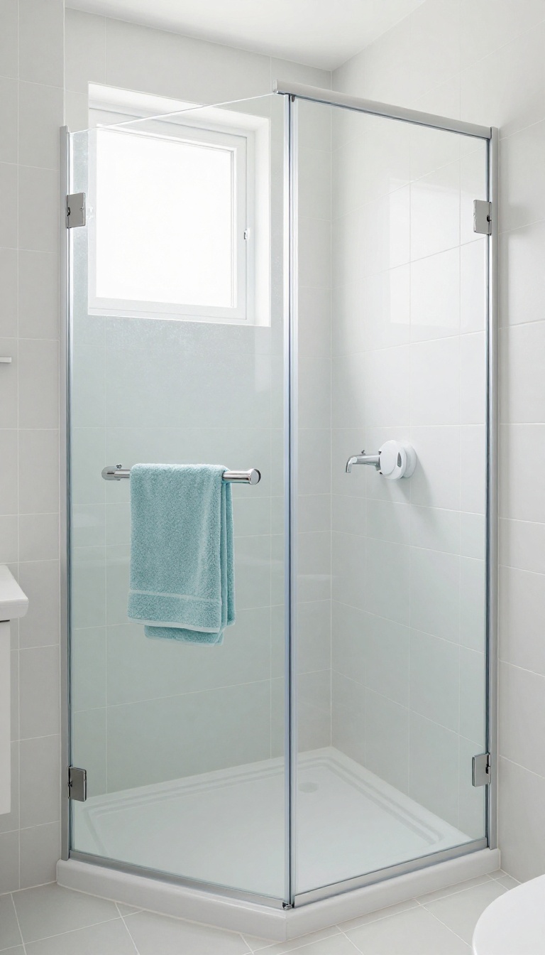 Small bathroom walk-in shower with light colors and white grout to make the space feel bigger.