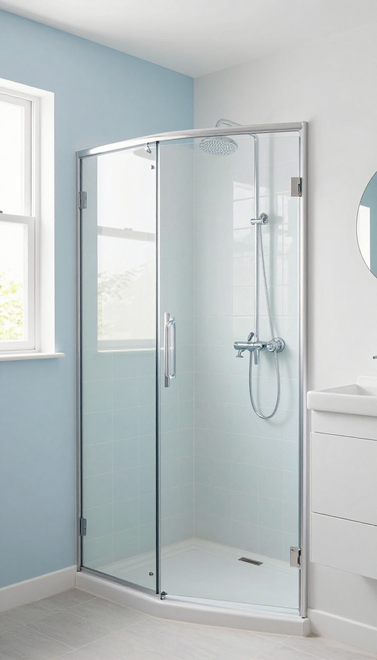 Small shower room with light colors and large mirror to visually expand the space