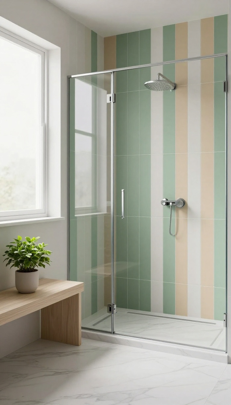 Vertical color blocking tile shower with sage green, beige, and white stripes in a bright bathroom