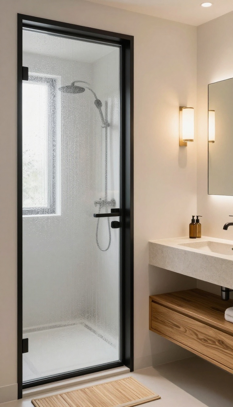 Modern bathroom with frosted rain glass shower door, teak bench, and matte black hardware