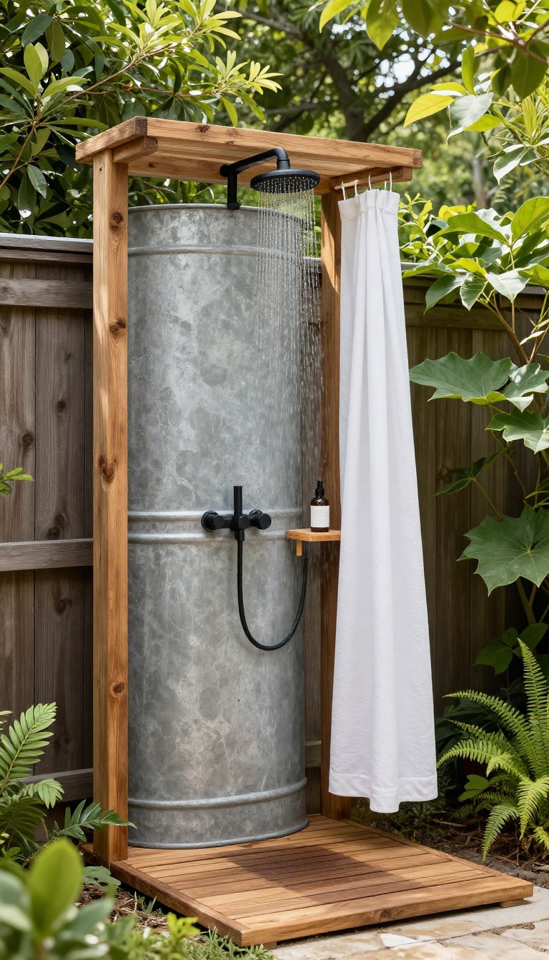 Outdoor shower with repurposed galvanized tank and rainfall shower head in a natural setting