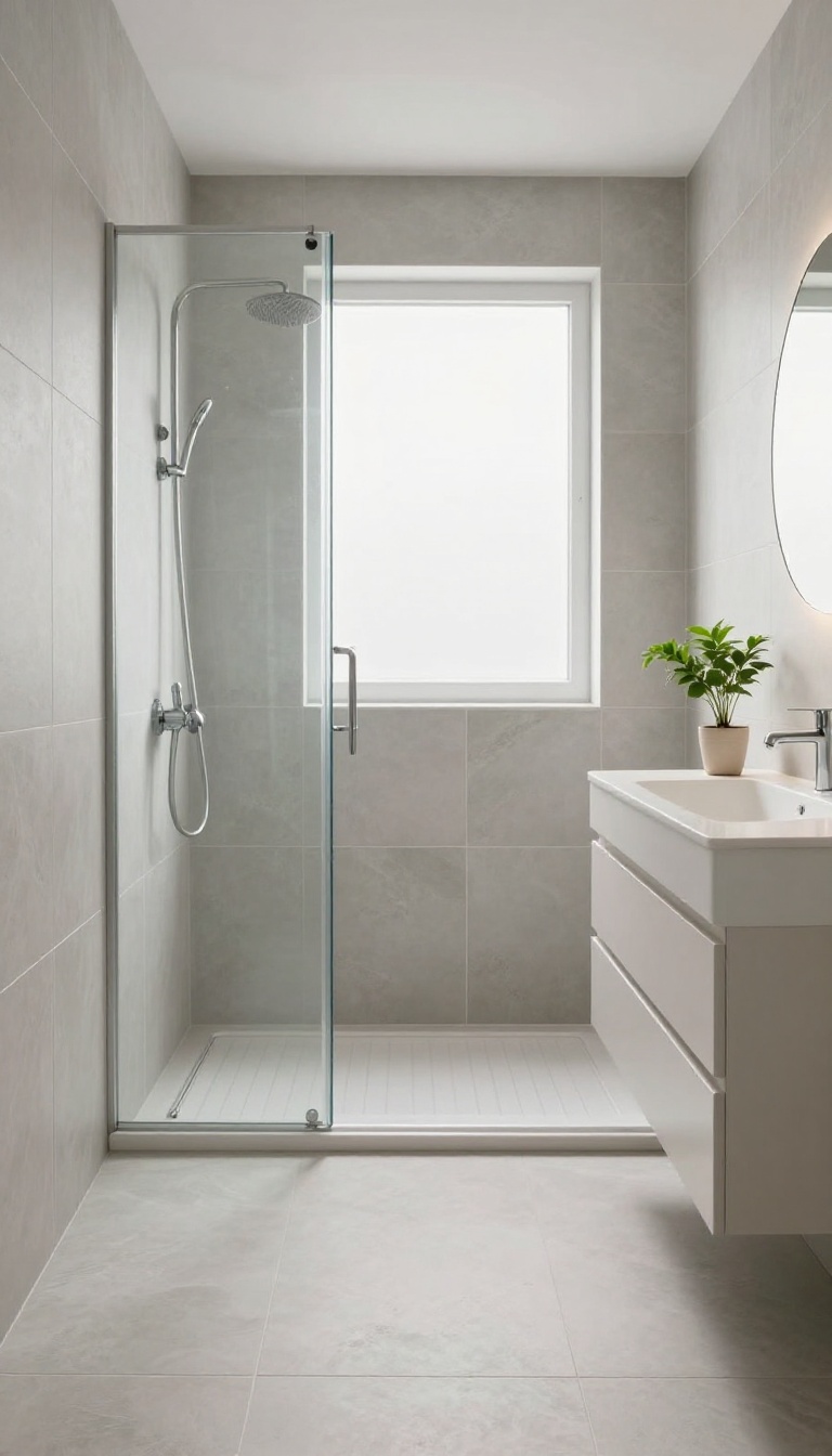 Small bathroom with large light gray tiles and a glass shower, bright and airy