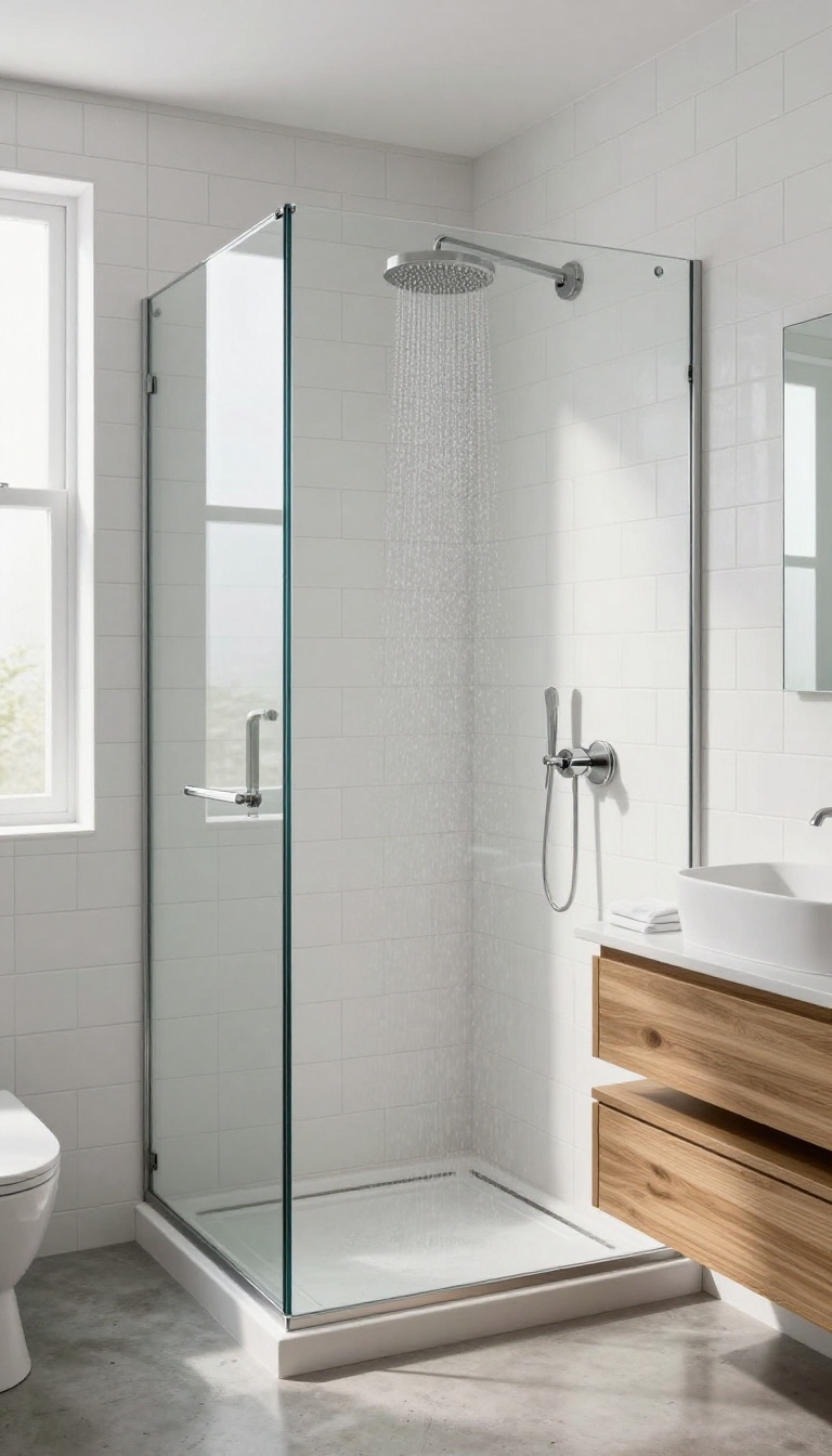 Small bathroom with wall-mounted showerhead and faucet, clean and modern design
