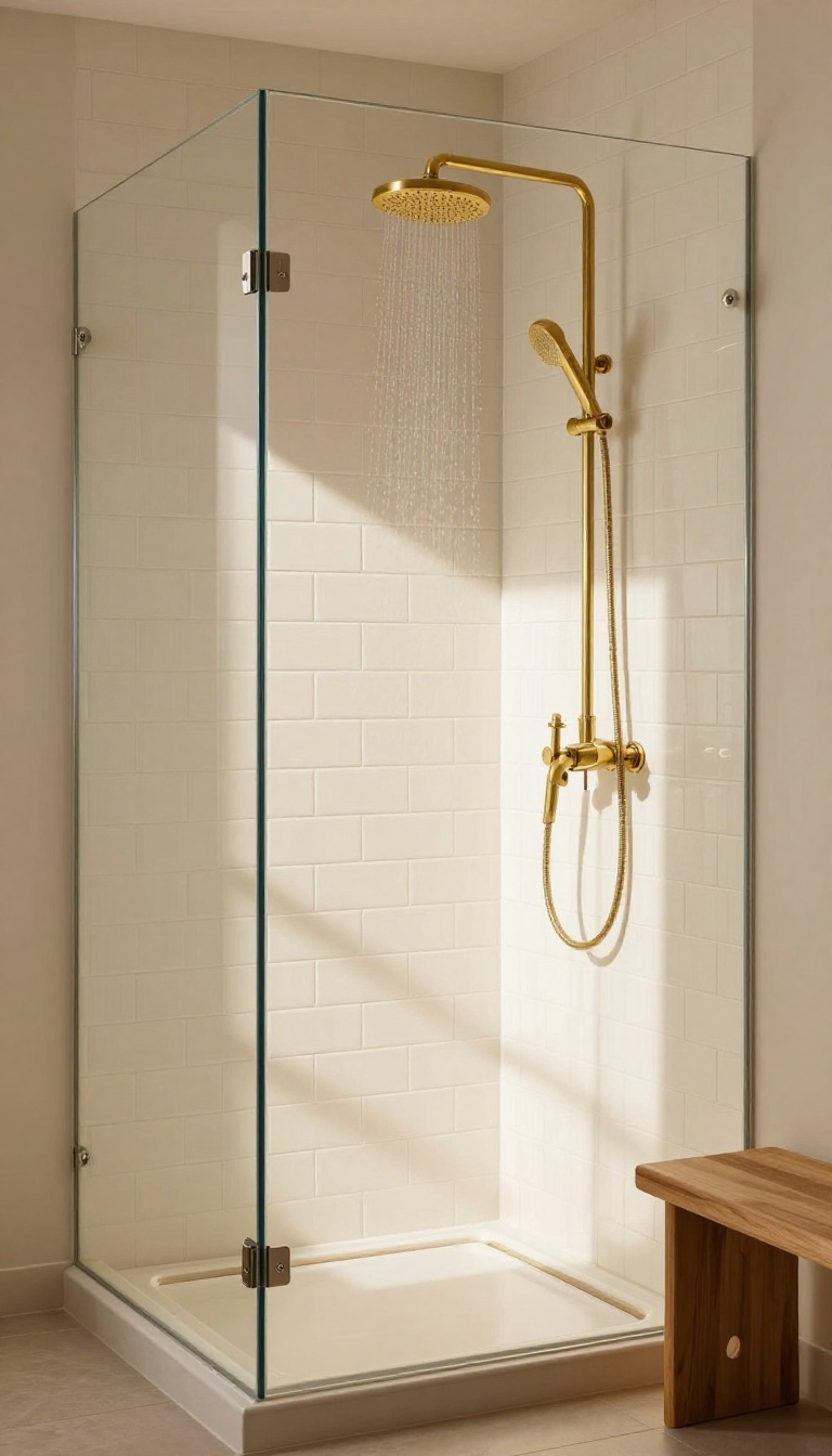 Warm off-white large subway tiles in a modern walk-in shower with brushed gold fixtures and a wooden bench