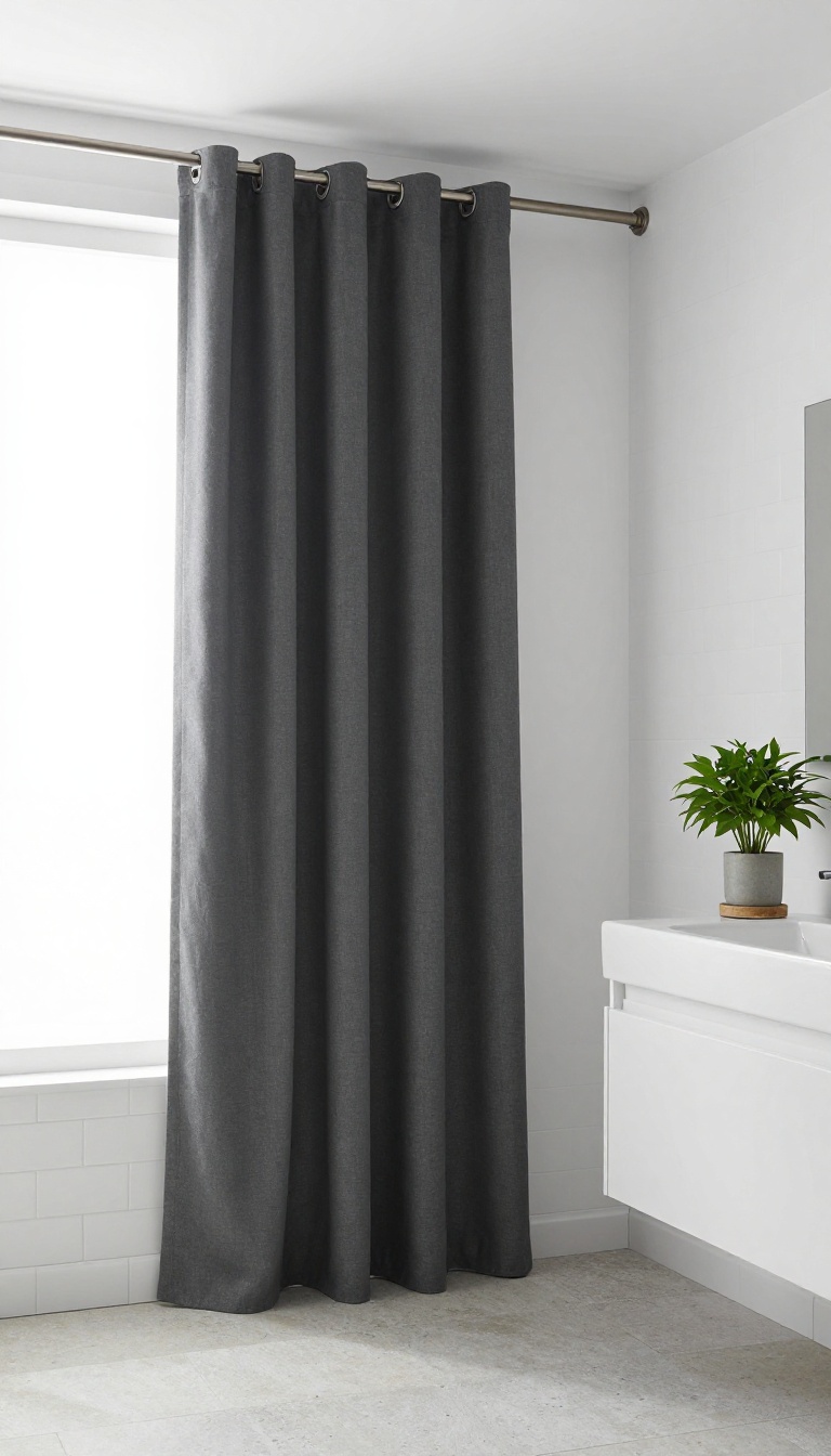 Monochrome minimalist bathroom with a long matte charcoal shower curtain and a green plant
