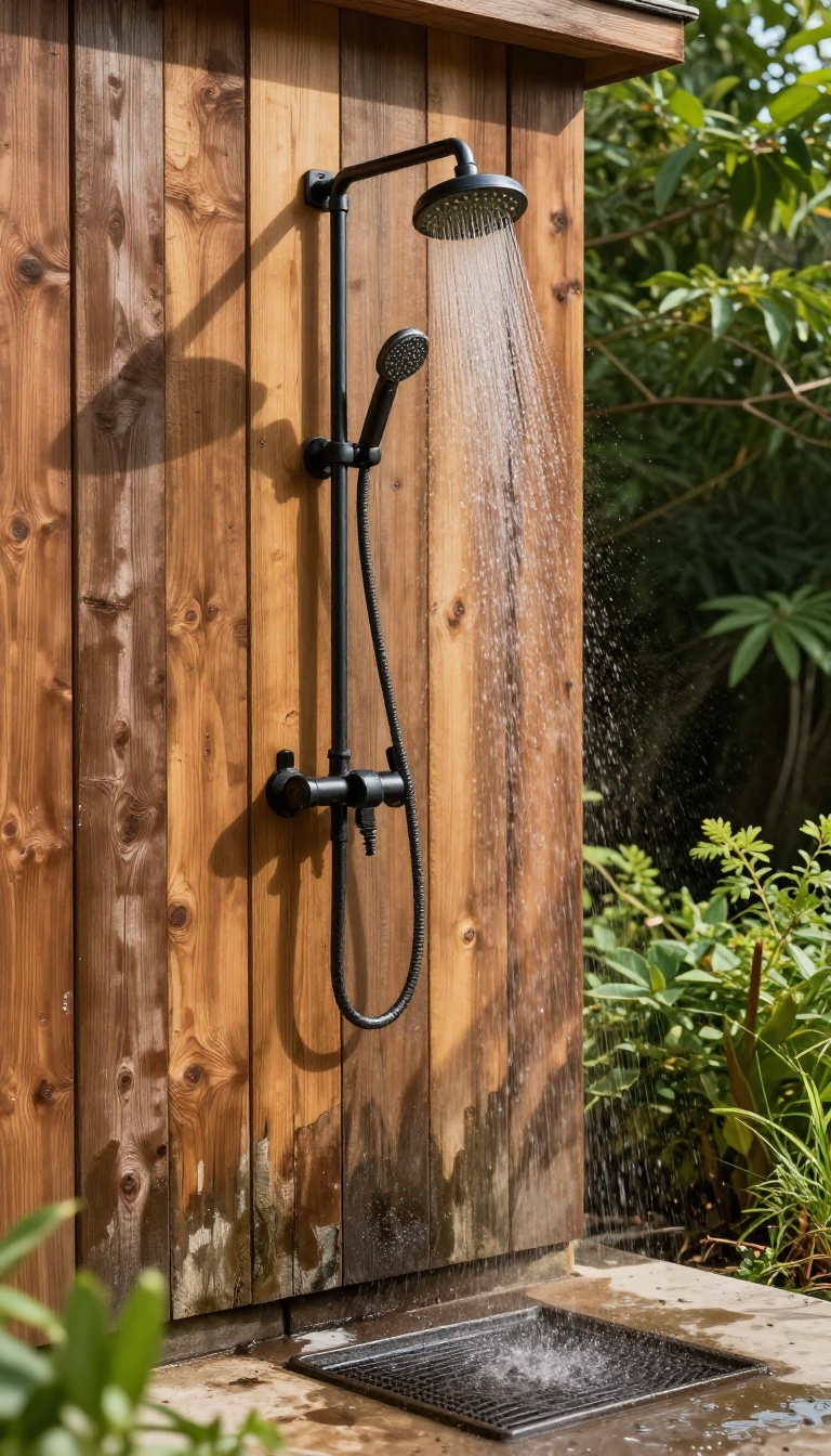 Solar-heated rain shower with black pipe coil on a sunny wall in an off-grid outdoor setting.
