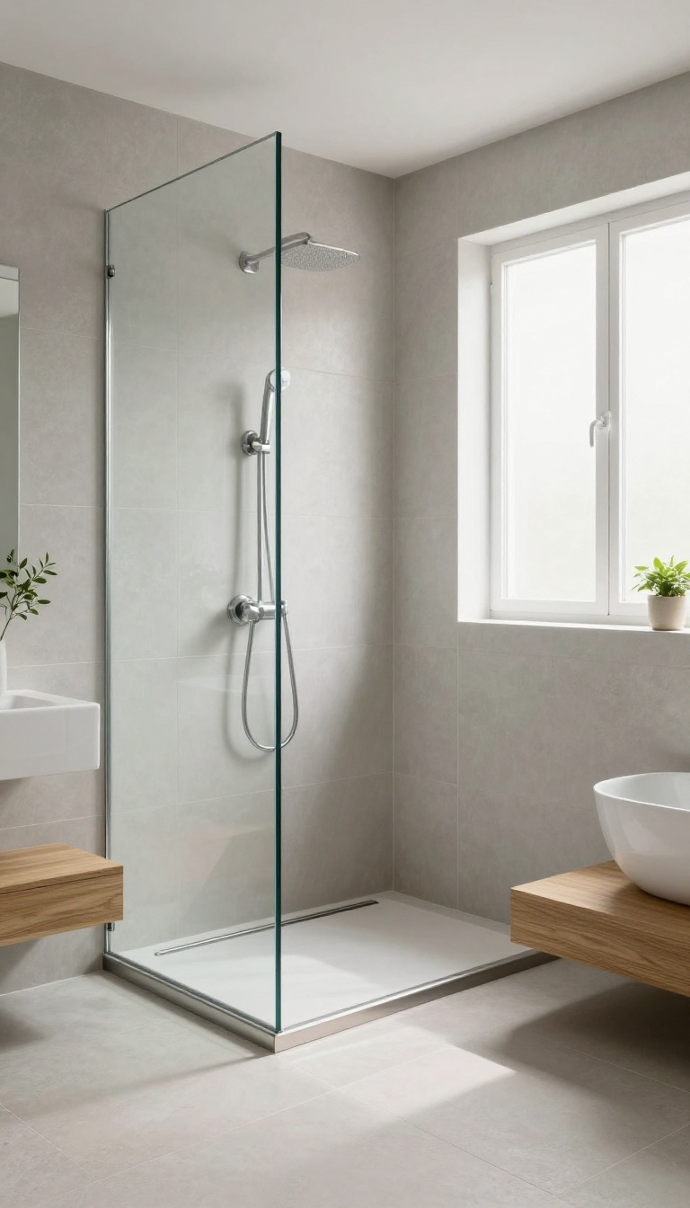 Modern wet room bathroom with a linear drain, glass panel divider, and curbless shower design