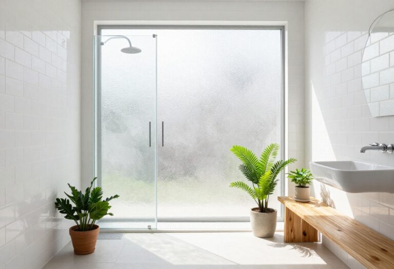 Modern bathroom with a frosted glass window in the shower, letting in natural light