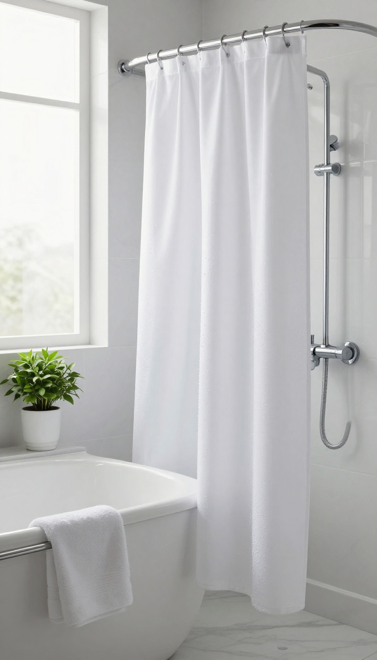 Modern bathroom with a white water-repellent polyester shower curtain, water beading on the surface, and bright natural light.