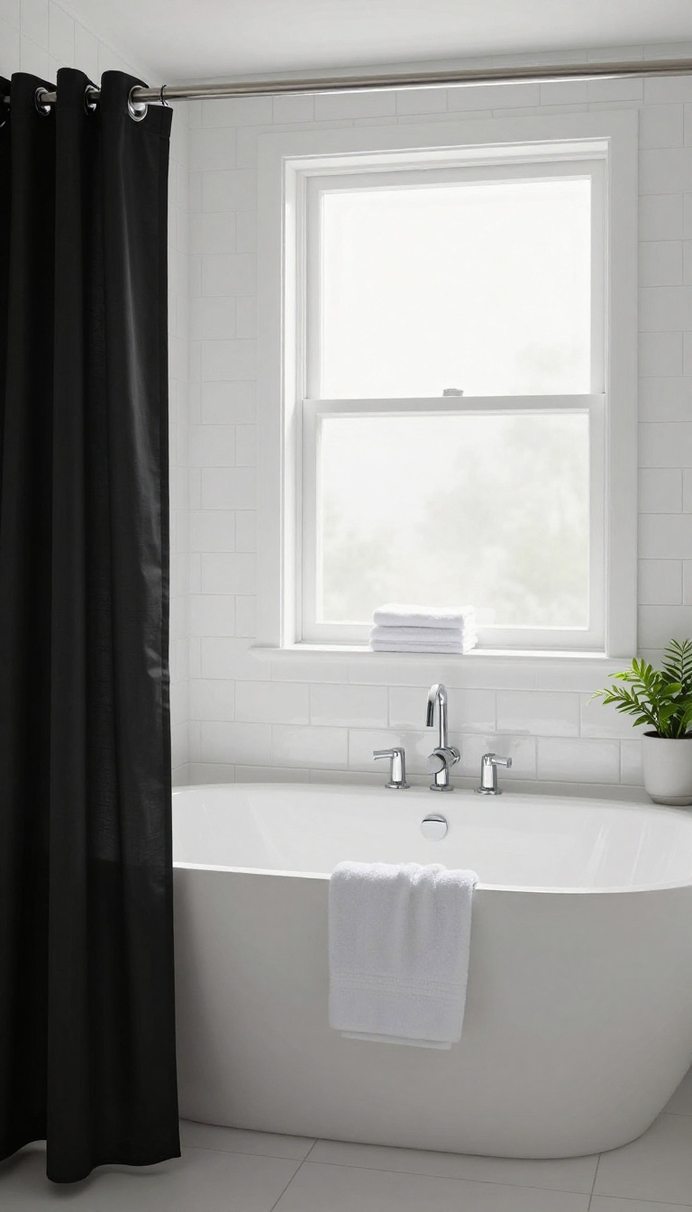 Minimalist black and white shower curtain in a bright, modern bathroom with white tiles and chrome fixtures.