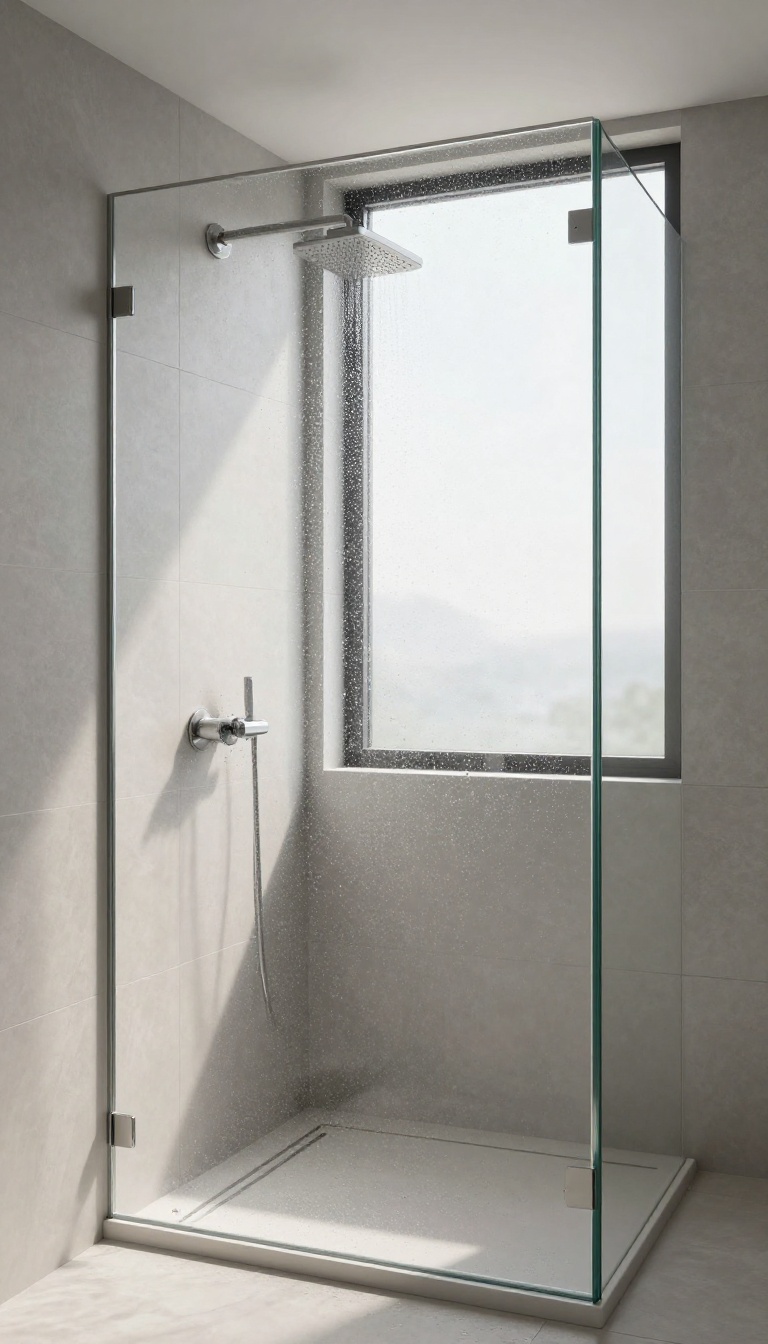 Minimalist frameless window in a modern shower with natural light and sleek tile