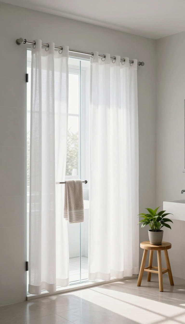 Bathroom with clip-on curtain panels on a glass shower door, showcasing a simple and stylish DIY solution.