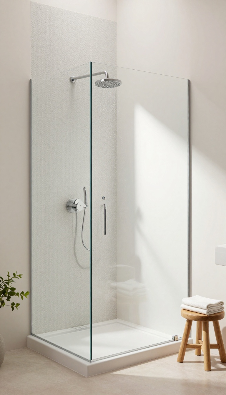 Small modern shower with hexagon mosaic tile accent wall in white and gray, natural light, minimalist design