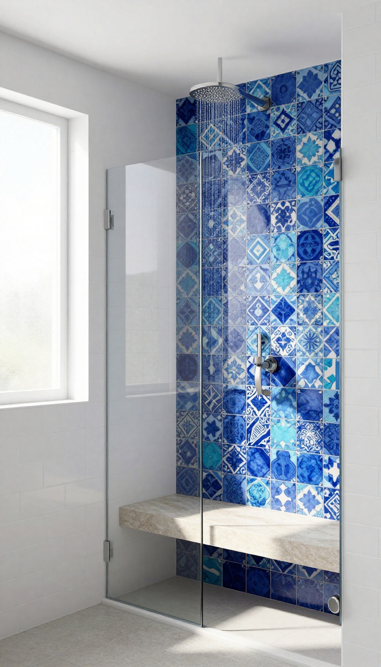Blue Moroccan-inspired tile pattern in a modern shower with natural light
