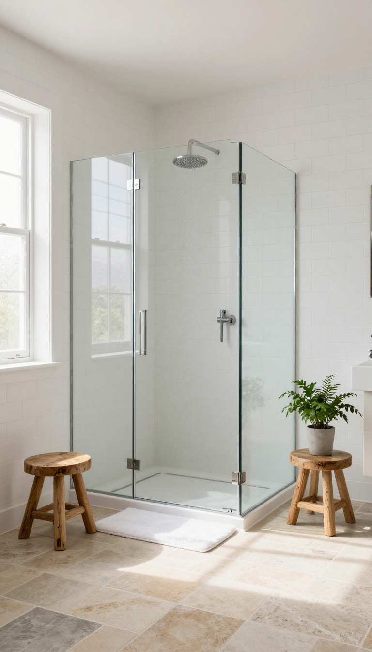 Cozy farmhouse bathroom with walk-in shower and heated stone floor