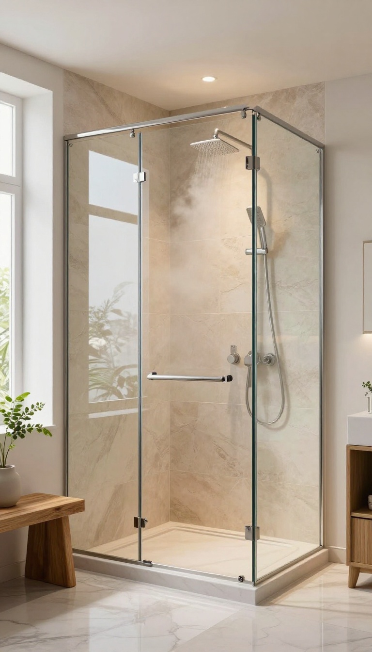 Curbless walk-in shower with dual showerheads, rain shower and handheld wand, in a warm, inviting bathroom setting.