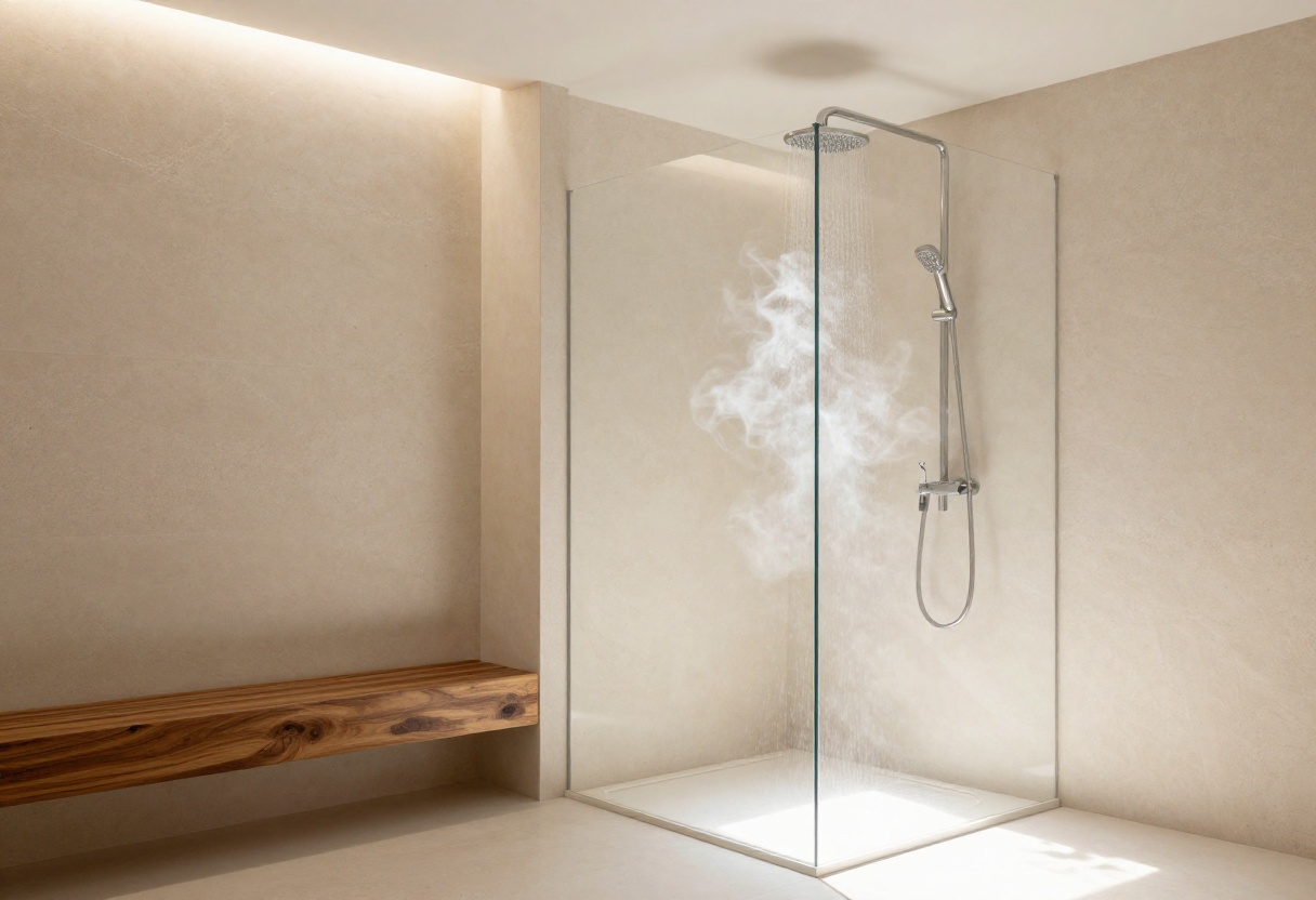 Modern spa shower with rainfall head and stone walls