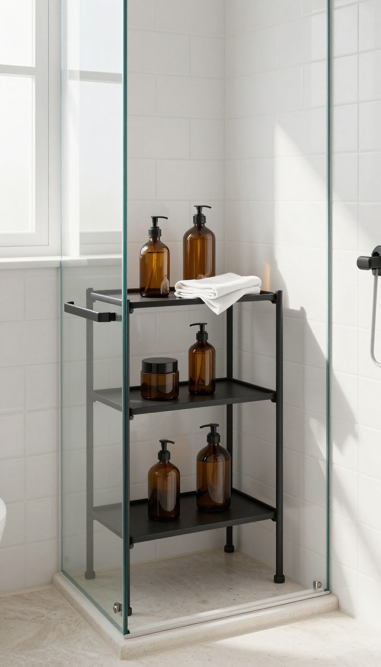 Matte black corner shower caddy with bottles and washcloth in a bright modern small bathroom