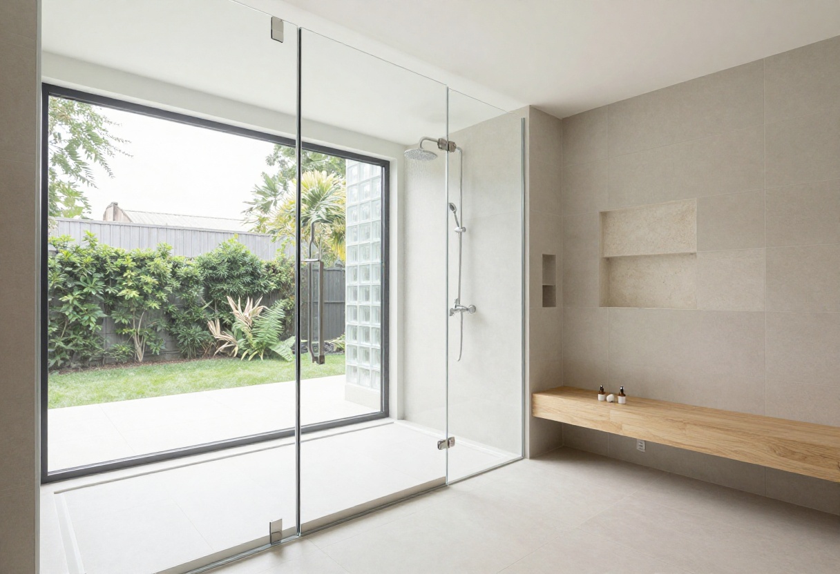 Modern bathroom with a walk-in shower, frameless glass, rainfall showerhead, teak bench, and neutral tiles