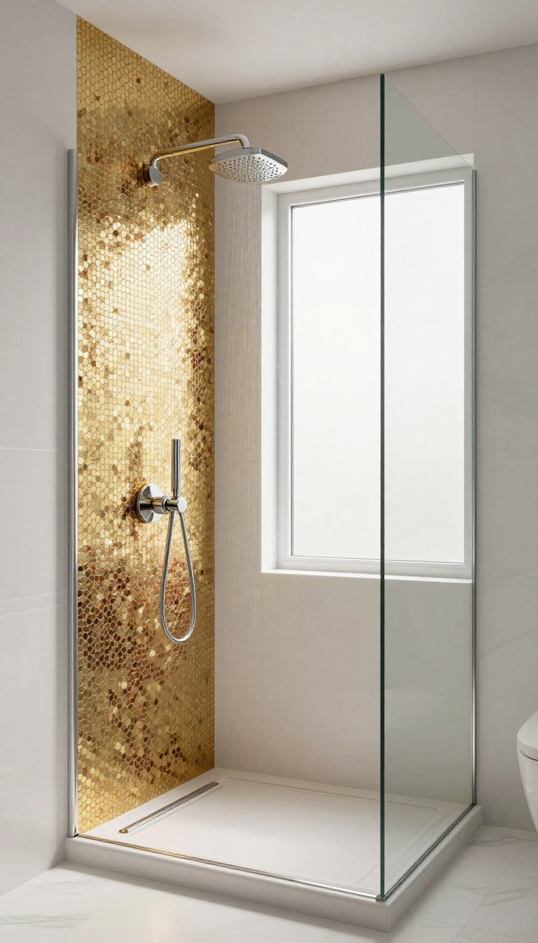 Master shower with metallic mosaic tile accent strip in gold and copper, surrounded by large white porcelain tiles