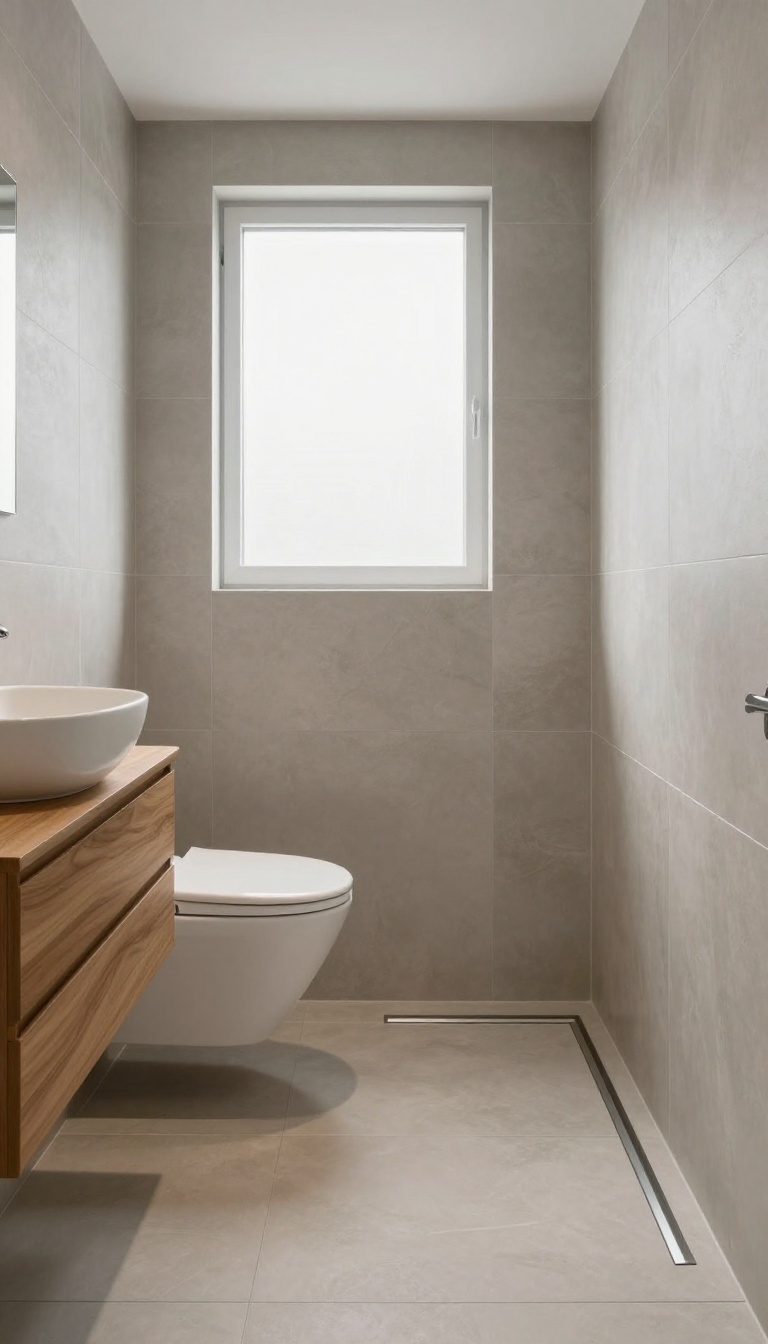 Compact wet room bathroom with floor-level shower and seamless tiled walls, demonstrating a space-saving layout.