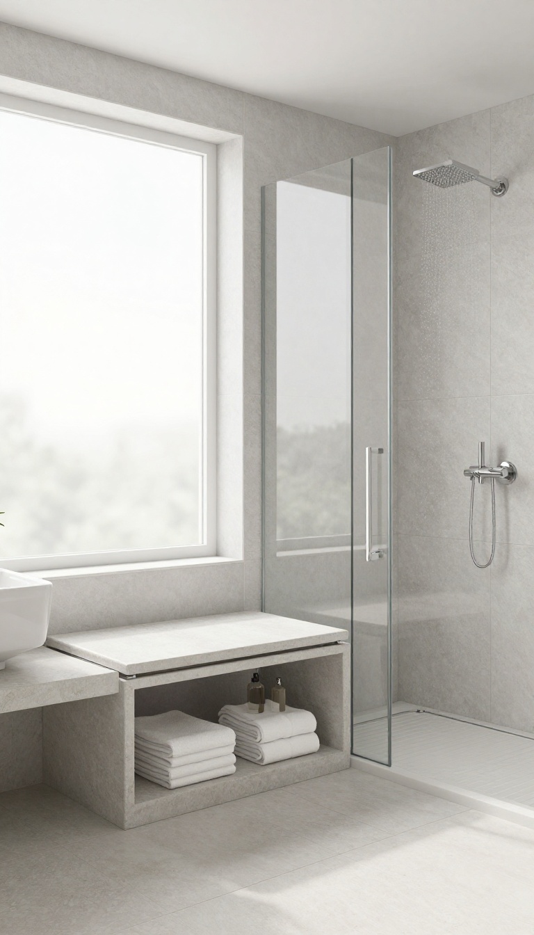 Modern bathroom shower with built-in stone bench and hidden storage below, bright natural light