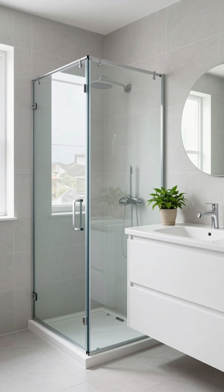 Bright small bathroom with frameless glass walk-in shower, open and airy feel