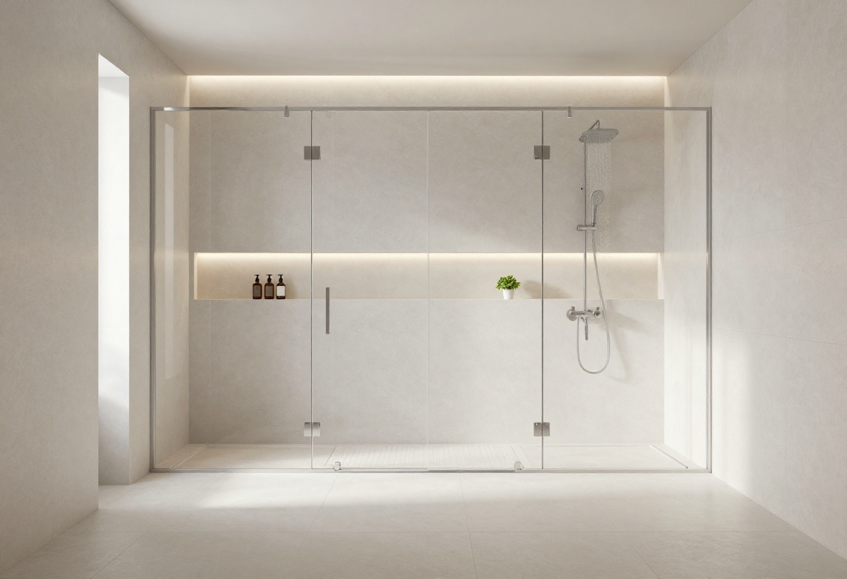 Modern shower with a backlit recessed niche and glass enclosure