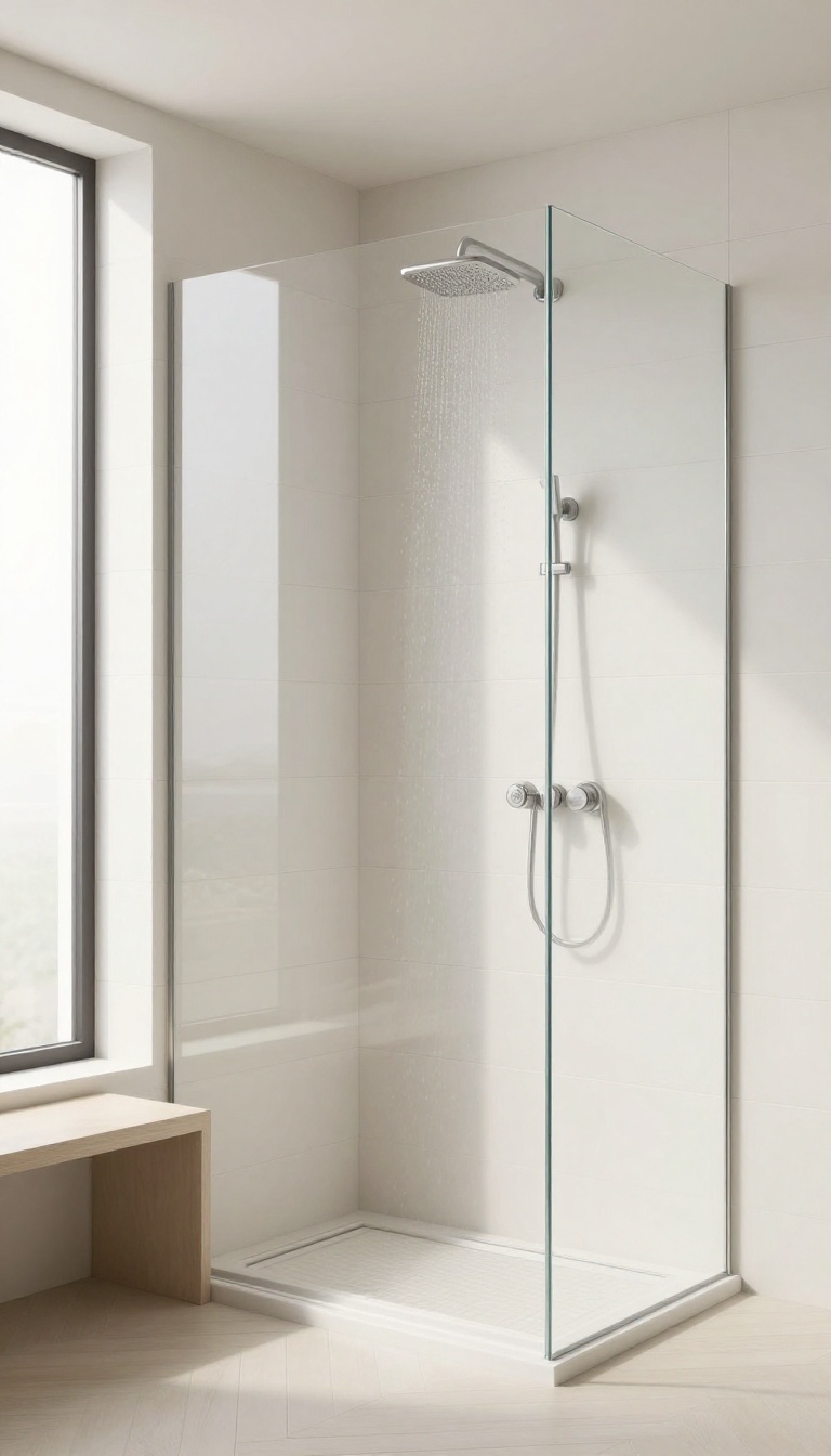 Large white herringbone tiles in a bright, modern shower with natural light