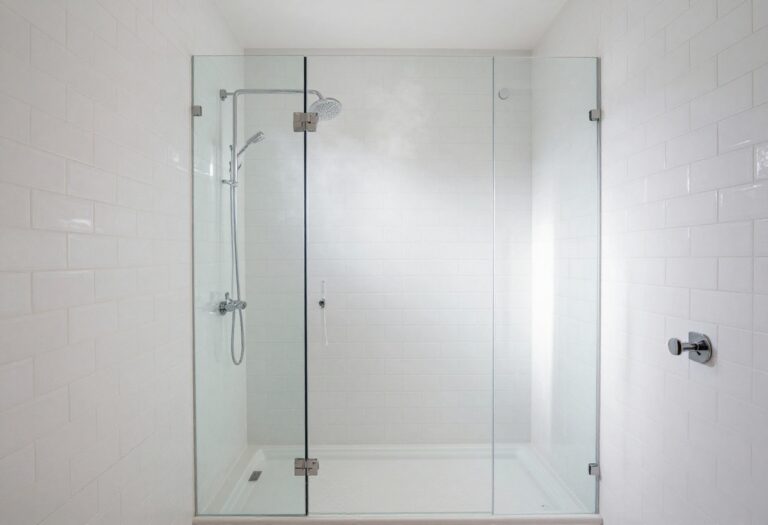 Modern white tile shower with herringbone pattern and glass enclosure