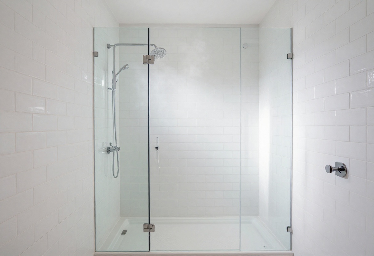Modern white tile shower with herringbone pattern and glass enclosure