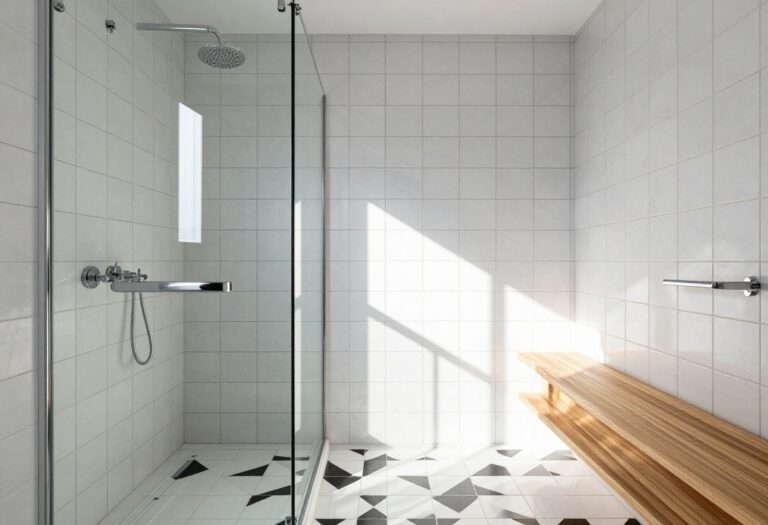 Modern shower with black and white geometric tile design