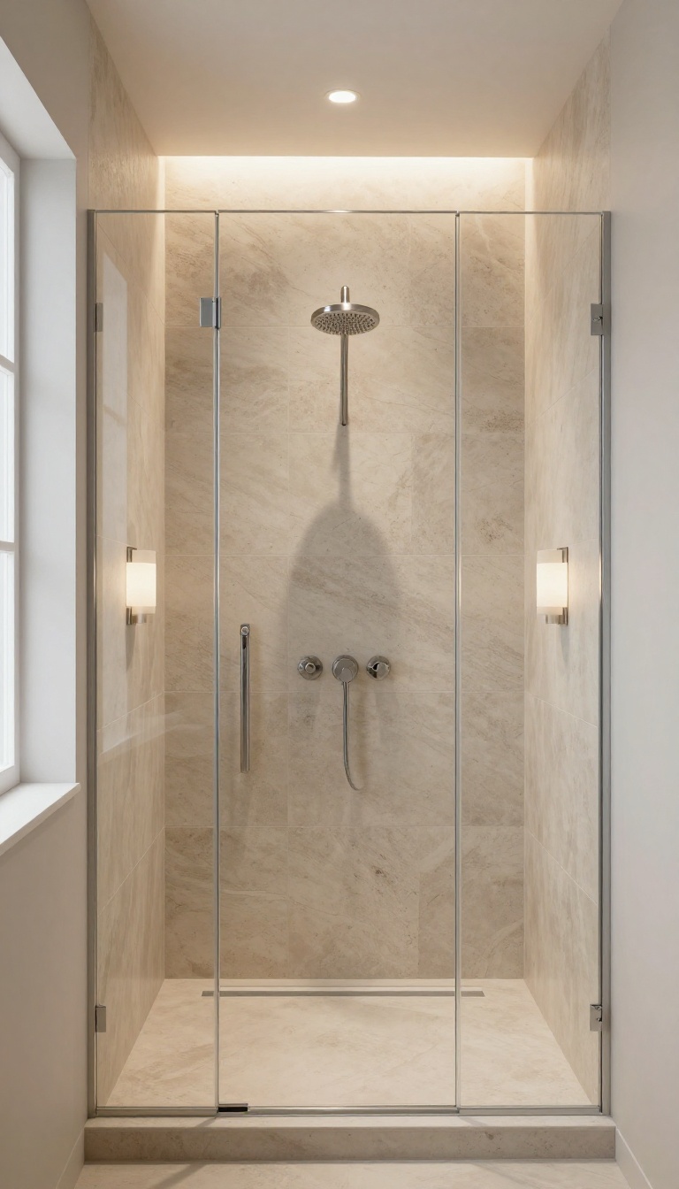 Two wall sconces with frosted glass shades in a modern shower, providing soft, even lighting and a spa-like atmosphere.