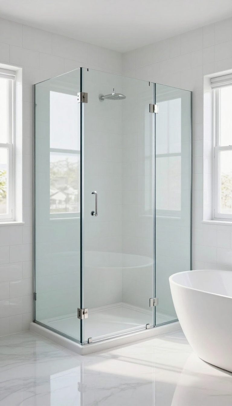 Frameless glass shower enclosure in a bright, modern bathroom with white subway tile and a freestanding tub.