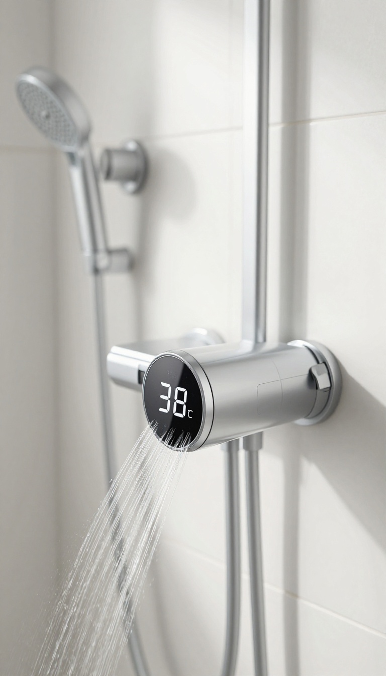 Modern digital thermostatic valve in a double shower with two shower heads, bright natural light, no text