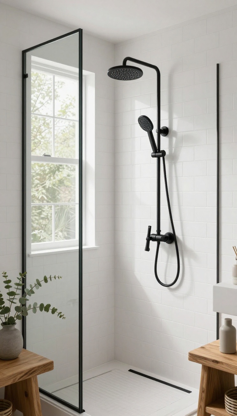 Modern farmhouse shower with matte black fixtures, white subway tile, and a wooden bench